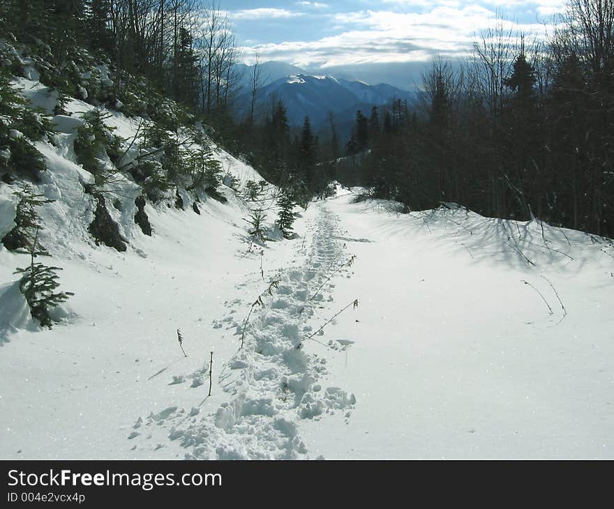 Path in snow on the Caucasus mountains