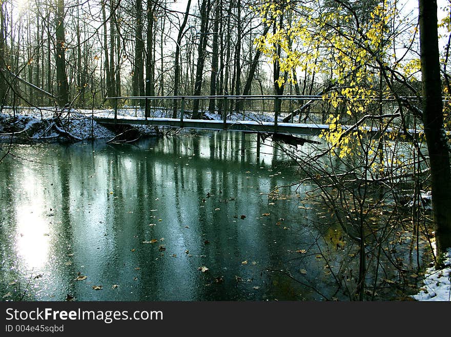 Walk on park. The first ice. Reflection. Walk on park. The first ice. Reflection.