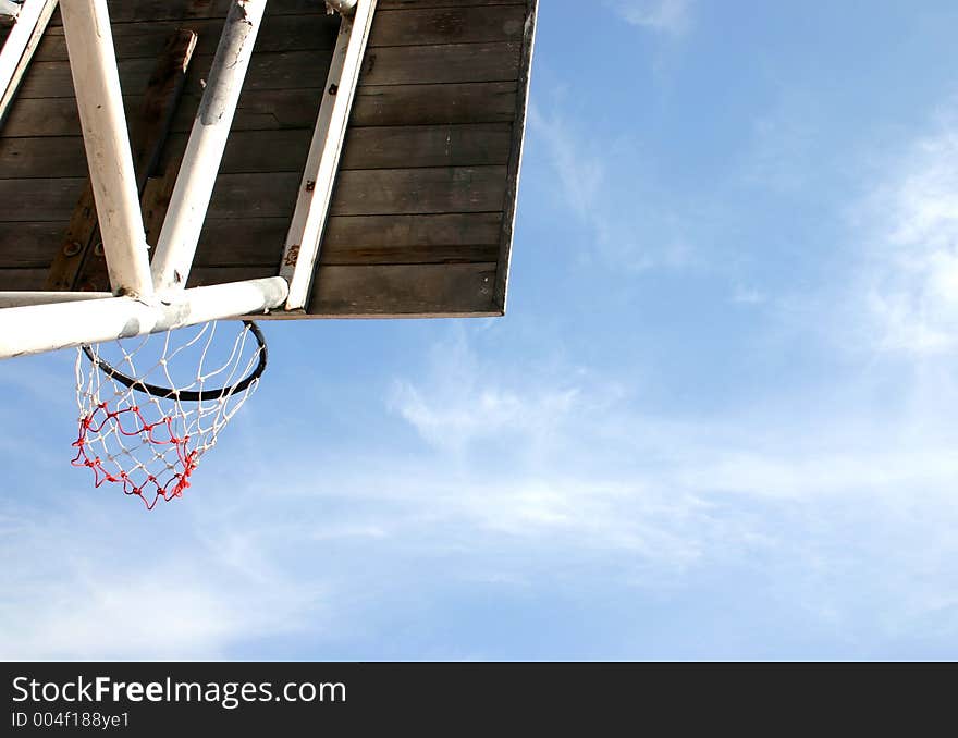 View from under a basketball ring and backboard