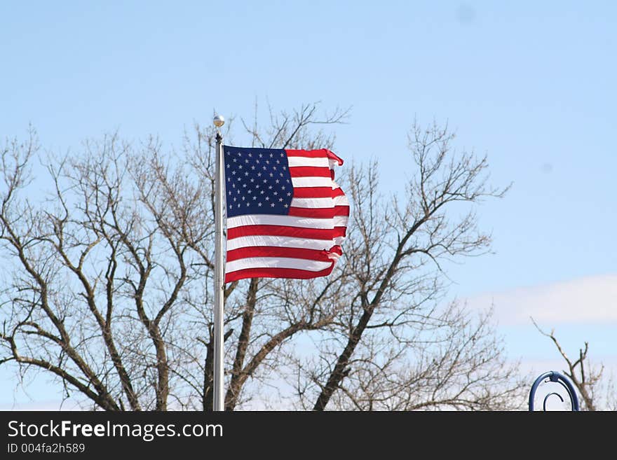 American stars and stripes flag blowing on flagpole with treetops in background. American stars and stripes flag blowing on flagpole with treetops in background.