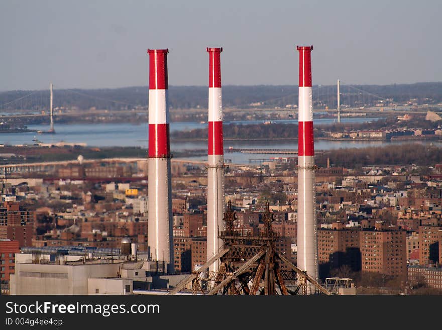 Three industrial chimneys in New York. Three industrial chimneys in New York