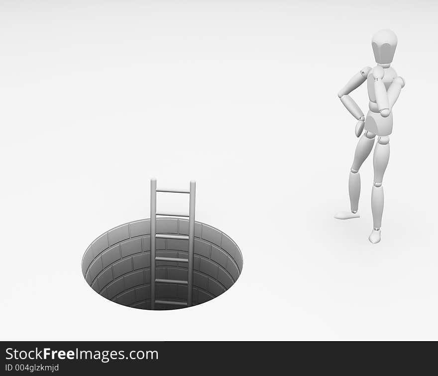 3D render of someone wondering whether or not to climb down the ladder. 3D render of someone wondering whether or not to climb down the ladder