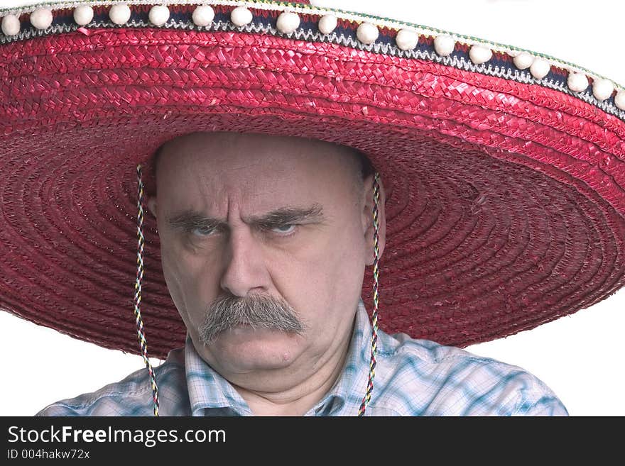 Grim man with moustache and red sombrero hat