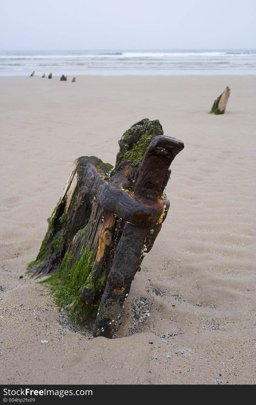 Bow section of wrecked ship protruding from Ross Sands beach in Northumbria, England. Other sections of boat's hull also visible. Bow section of wrecked ship protruding from Ross Sands beach in Northumbria, England. Other sections of boat's hull also visible.