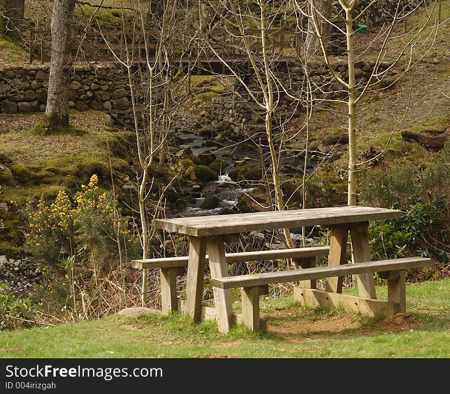 Picnic Bench in the countryside, beside a stream