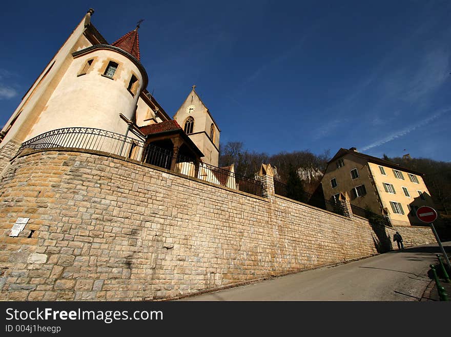 In the street of a alsacian villlage in the summer. In the street of a alsacian villlage in the summer