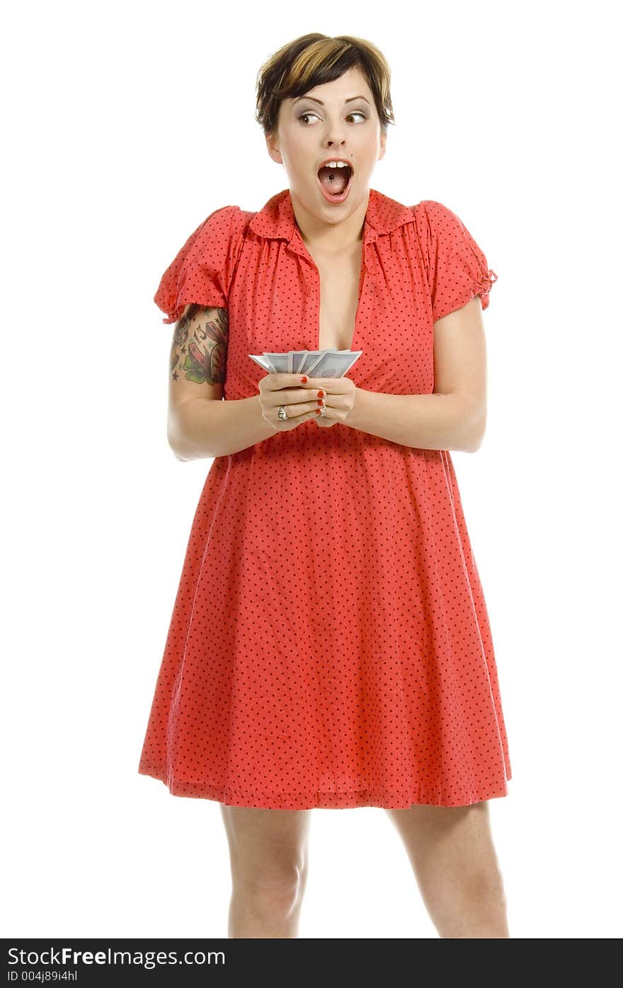 young actress with tattoos, a red girlish dress, poses different postures and expressions for an audition, with playing cards, over a white background. young actress with tattoos, a red girlish dress, poses different postures and expressions for an audition, with playing cards, over a white background