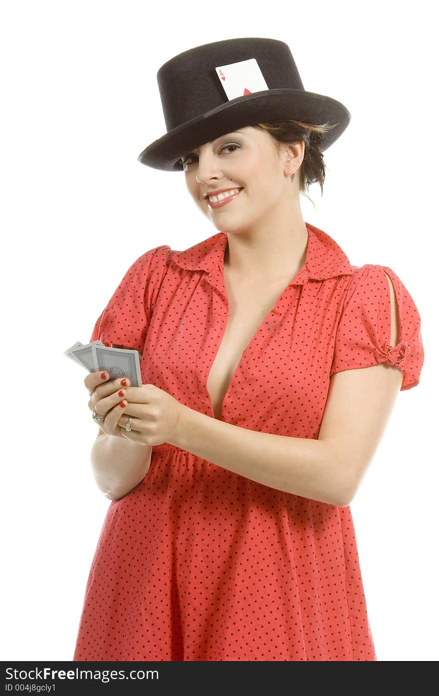 young actress with tattoos, a red girlish dress, poses different postures and expressions for an audition, with playing cards and a big black hat, over a white background. young actress with tattoos, a red girlish dress, poses different postures and expressions for an audition, with playing cards and a big black hat, over a white background