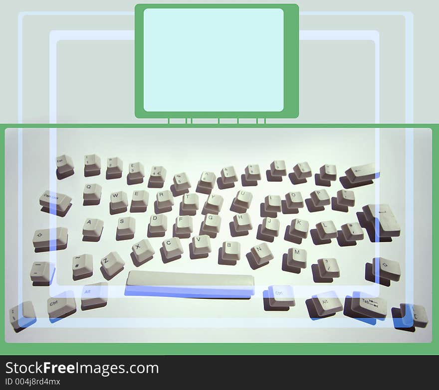 Keys from a computer keyboard arranged in a messy pattern with ovelayed monitor graphics. Keys from a computer keyboard arranged in a messy pattern with ovelayed monitor graphics