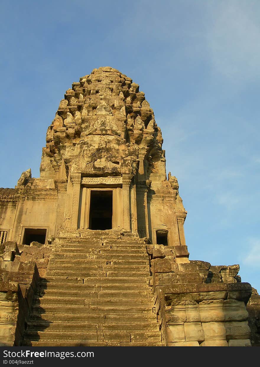 A staircase leads to the pinacle of Ankor Wat in Cambodia. A staircase leads to the pinacle of Ankor Wat in Cambodia