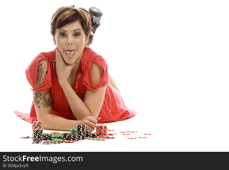 young actress with tattoos, a red girlish dress, poses different postures and expressions for an audition, with tokens in front of her, down on the white floor. young actress with tattoos, a red girlish dress, poses different postures and expressions for an audition, with tokens in front of her, down on the white floor