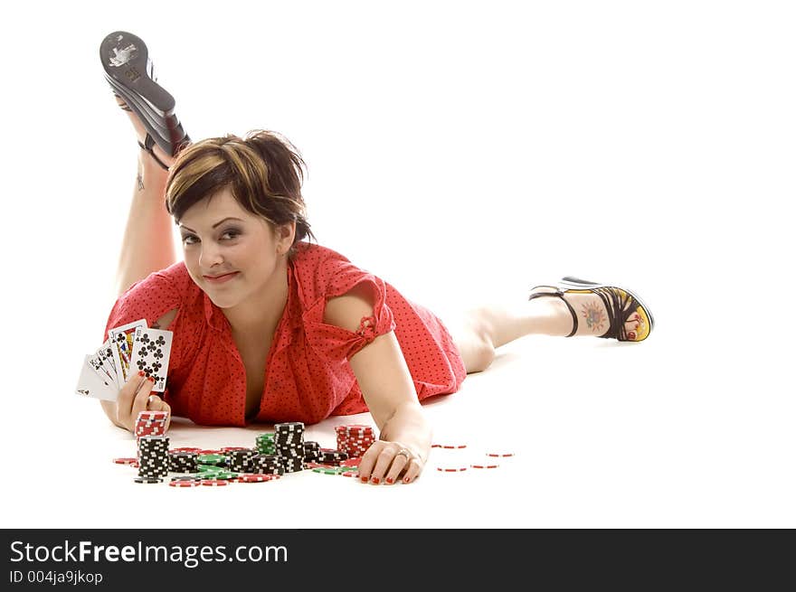 young actress with tattoos, a red girlish dress, poses different postures and expressions for an audition, holding some cards with tokens in front of her, down on the white floor. young actress with tattoos, a red girlish dress, poses different postures and expressions for an audition, holding some cards with tokens in front of her, down on the white floor