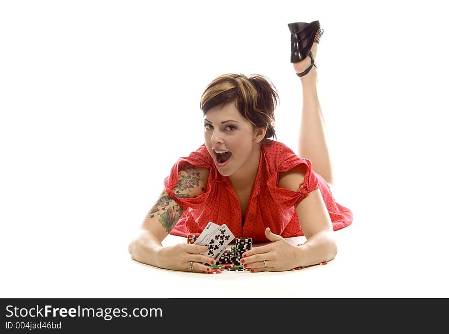 young actress with tattoos, a red girlish dress, poses different postures and expressions for an audition, holding some cards, laying on the white floor. young actress with tattoos, a red girlish dress, poses different postures and expressions for an audition, holding some cards, laying on the white floor