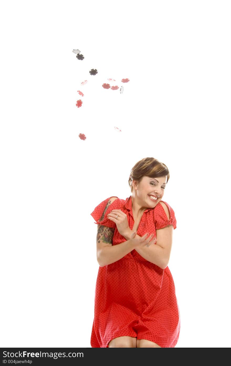 young actress with tattoos, a red girlish dress, poses different postures and expressions for an audition, throwing tokens all over the white background. young actress with tattoos, a red girlish dress, poses different postures and expressions for an audition, throwing tokens all over the white background