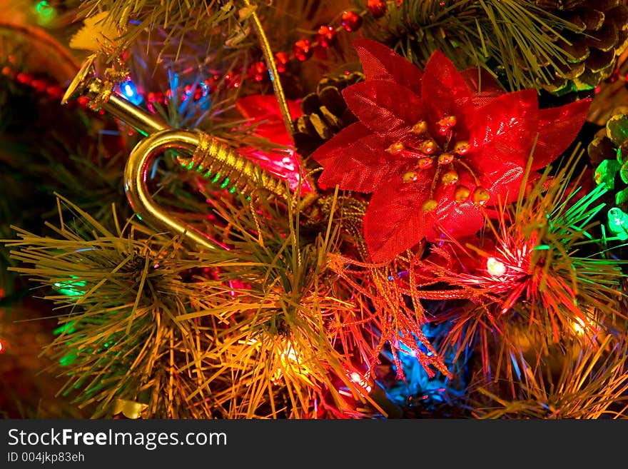 Christmas tree with brass bugle ornament. Christmas tree with brass bugle ornament