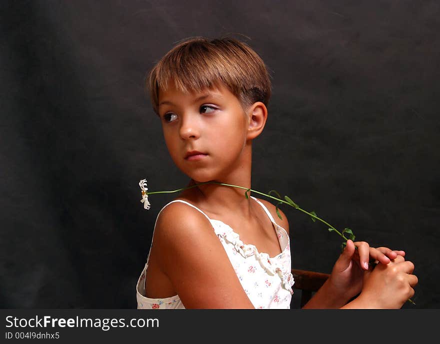 The girl looking to the left with a camomile on a dark background. The girl looking to the left with a camomile on a dark background.