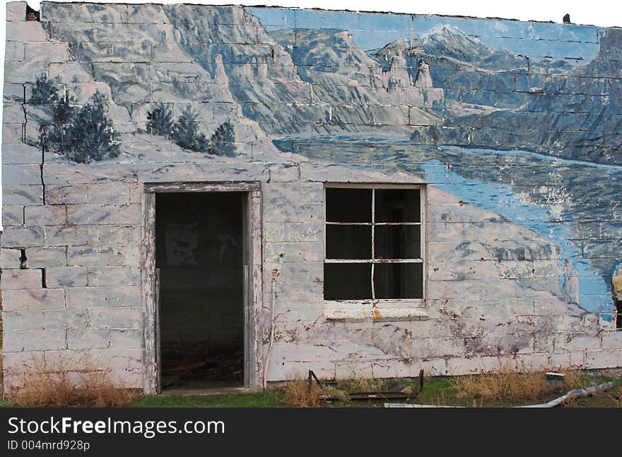 Abandoned gas station, Cisco Utah, with mural painted on front. Abandoned gas station, Cisco Utah, with mural painted on front