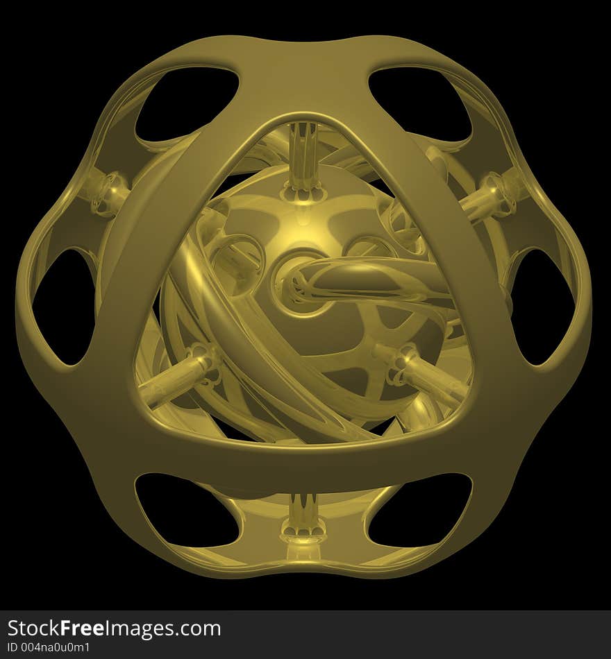 Sphere made with bars, golden pipes and spheres. Sphere made with bars, golden pipes and spheres