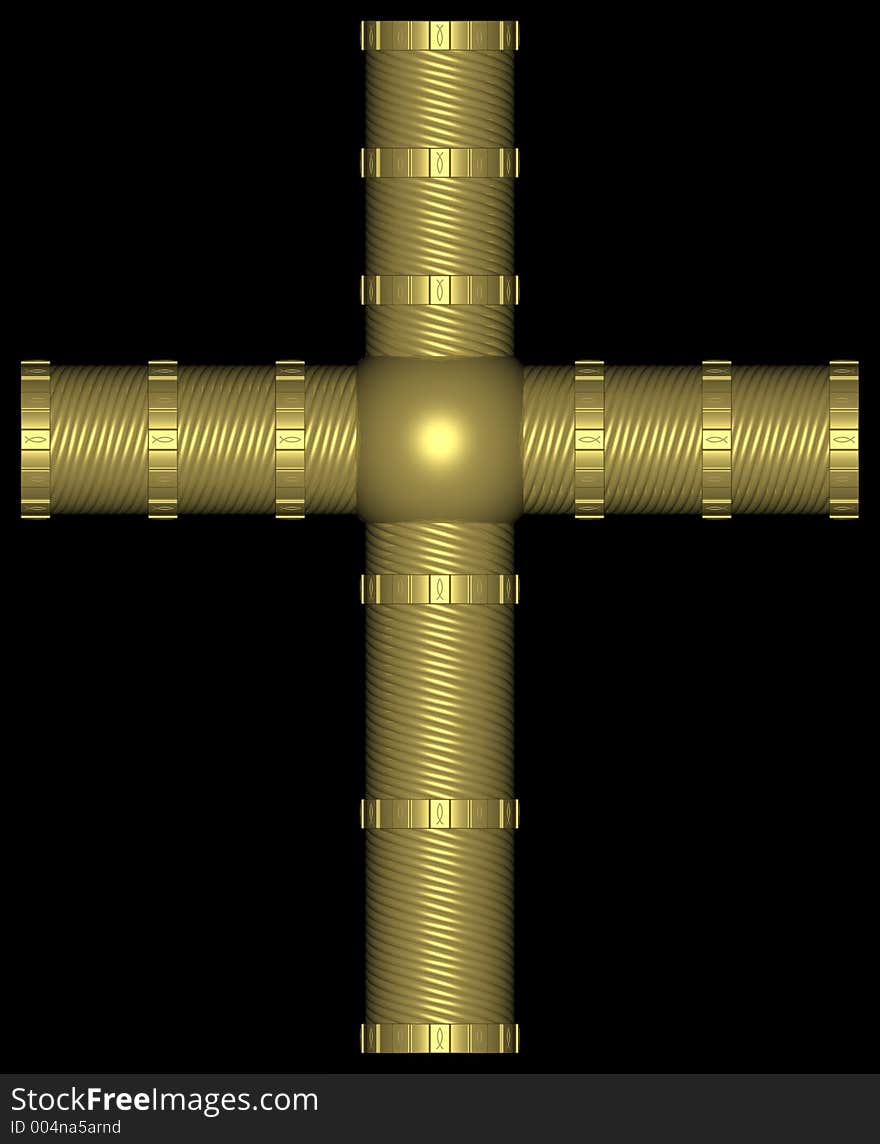 Golden Cross in bars and pipes, fish as detail. Golden Cross in bars and pipes, fish as detail