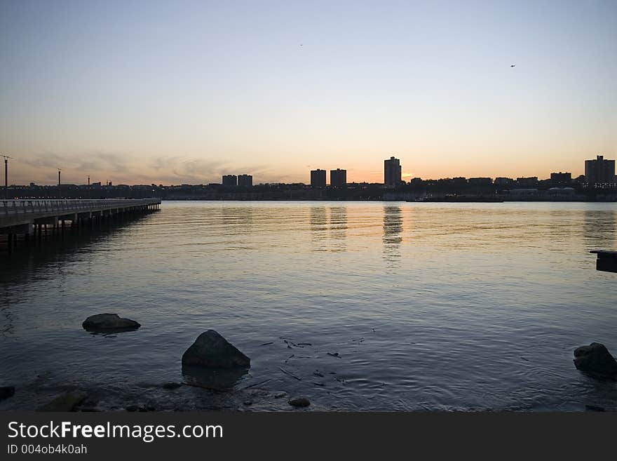 Sunset on Hudson river, New Jersey skyline.