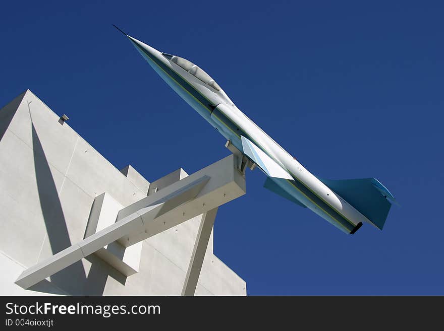 An airplane museum in Los Angeles with an F-104 jet integrated into the architecture. An airplane museum in Los Angeles with an F-104 jet integrated into the architecture.