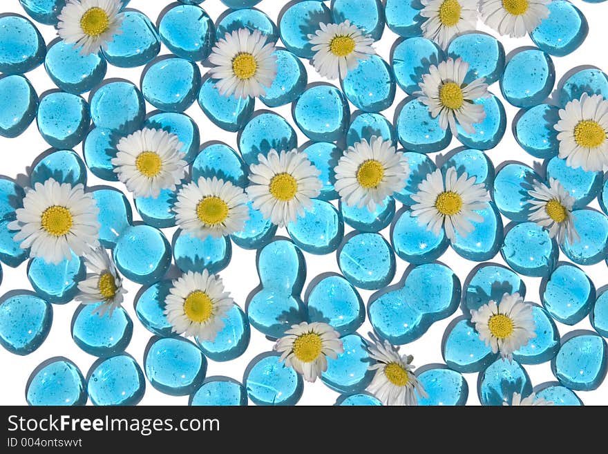 Nice background for a summer feeling, blue glass with daisies. Nice background for a summer feeling, blue glass with daisies.