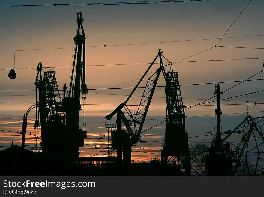 Silhouette of cranes in the sea-port. Silhouette of cranes in the sea-port