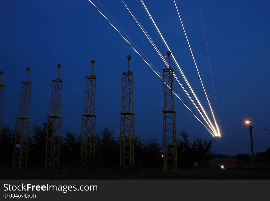 Airplane landing at night. Brussels Airport, Belgium