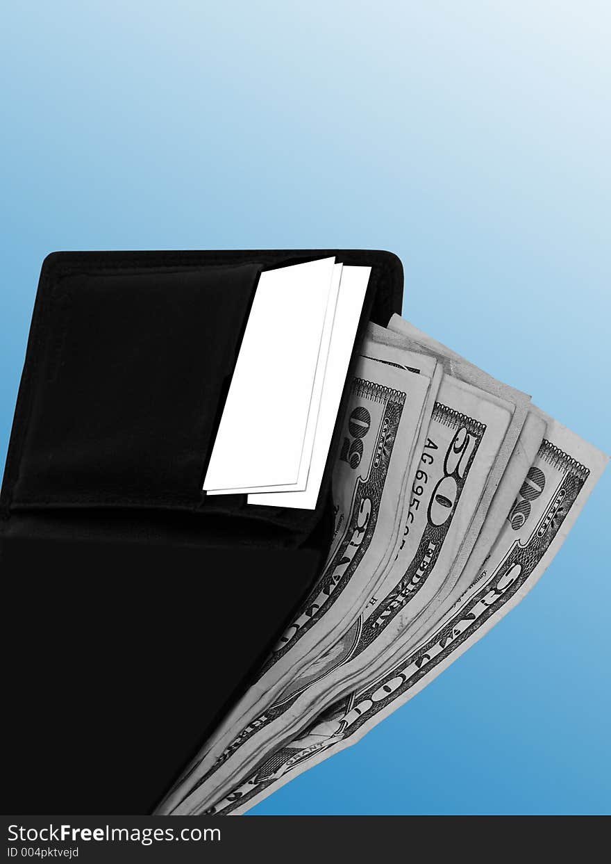 Wallet ,Money and blank business cards over blue and white gradient background,. Wallet ,Money and blank business cards over blue and white gradient background,