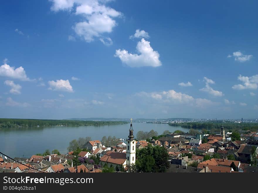 Landscape of town and river and blue sky with colds