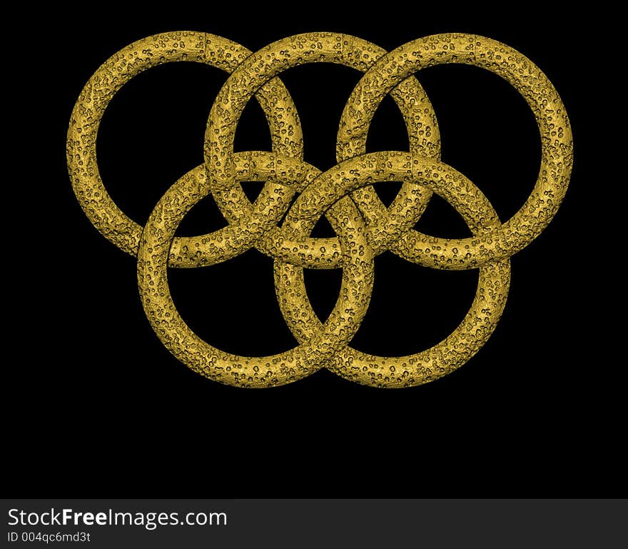 Five golden and rough circles on black background