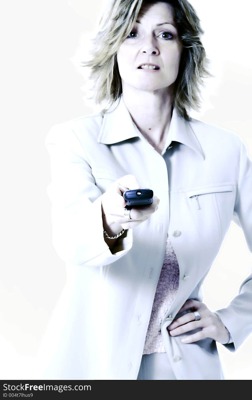 Woman holding remote in blue tone