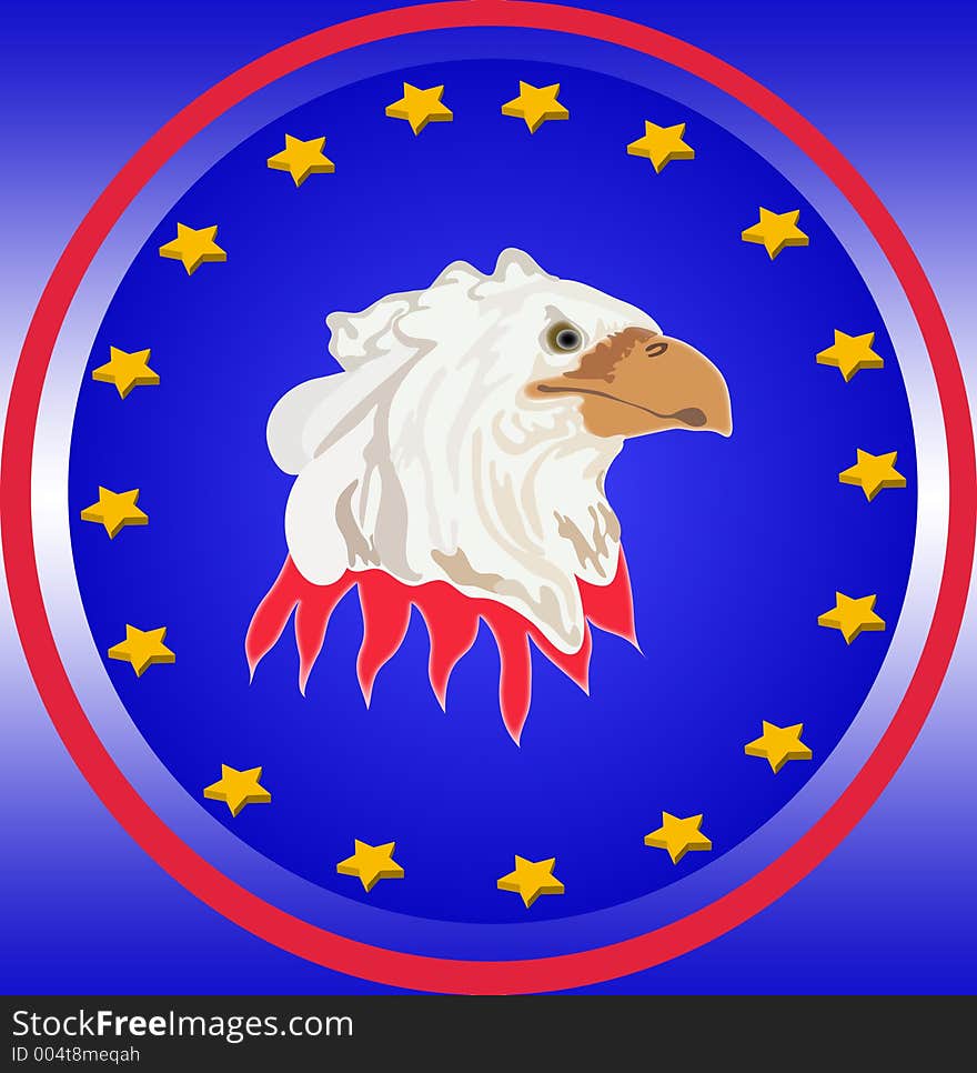 Eagle with circle of stars over blue background.