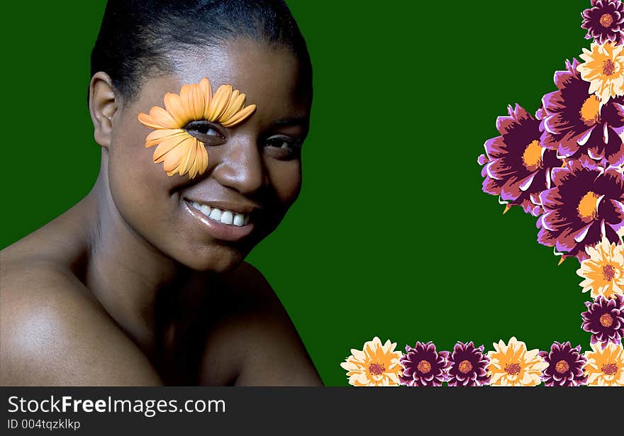 Attractive young black woman with Gerbera Daisy Eye. Attractive young black woman with Gerbera Daisy Eye