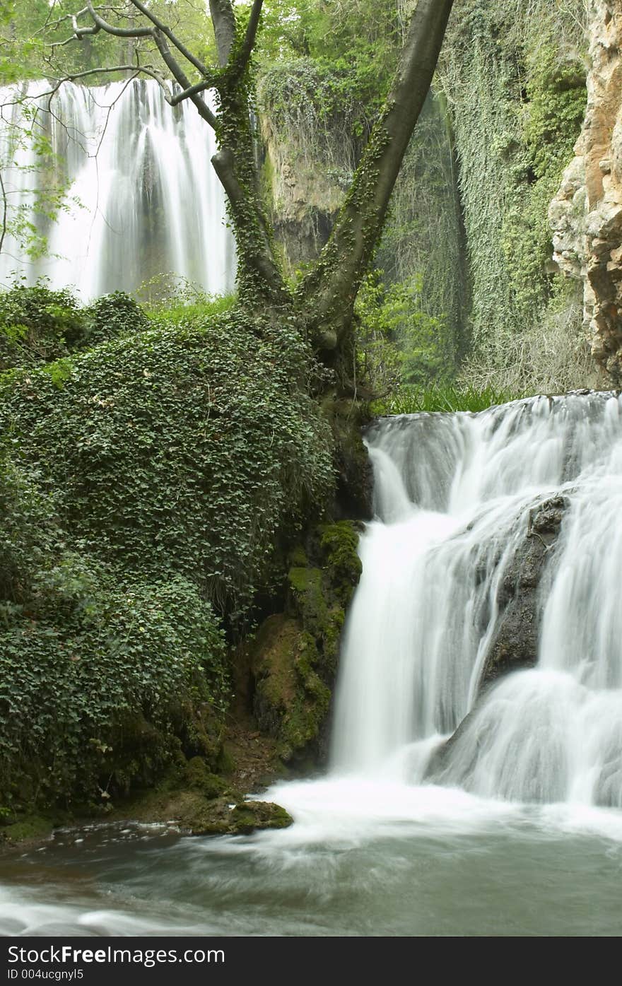 Two Waterfalls in stone monastery (spain) , vertical. Two Waterfalls in stone monastery (spain) , vertical