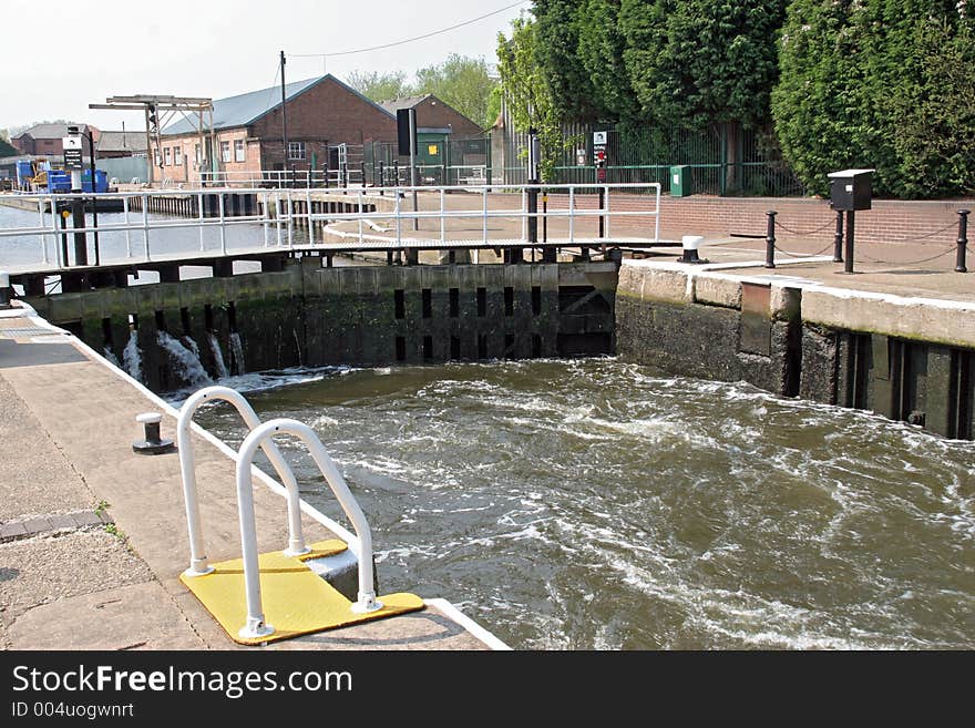 Lock filling up at Newark on the River Trent in England