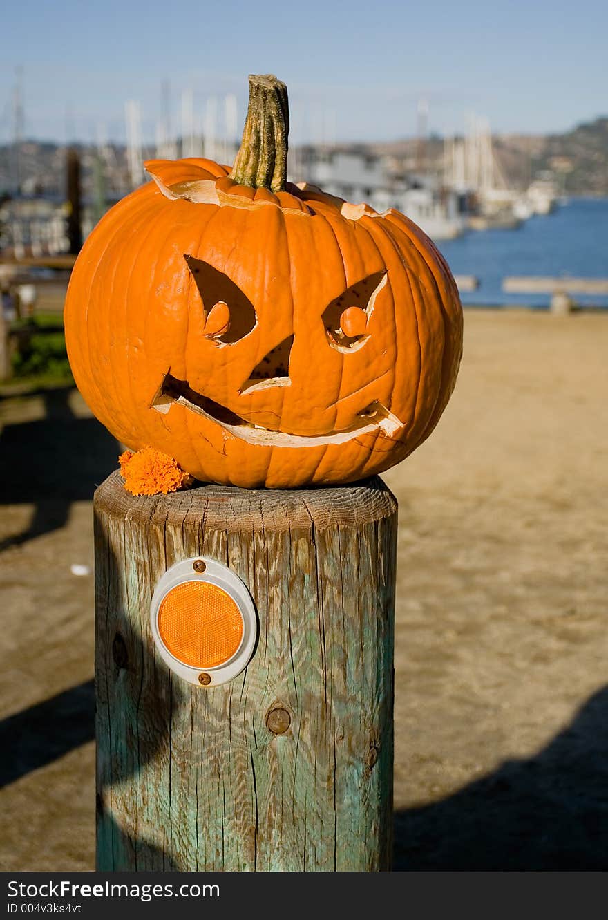 The Halloween pumpkin with view on a beach