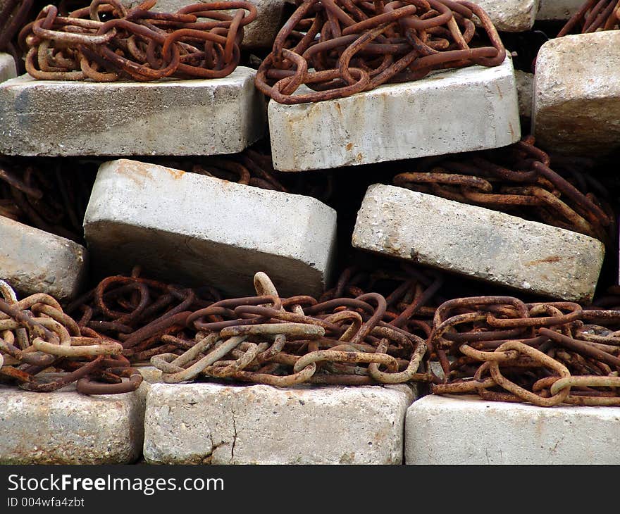 Close up view of chains and concrete bricks in the harbour of Norderney island Germany. Close up view of chains and concrete bricks in the harbour of Norderney island Germany