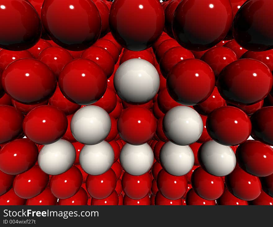 3d sphere triangle sign made of white spheres on red balls field