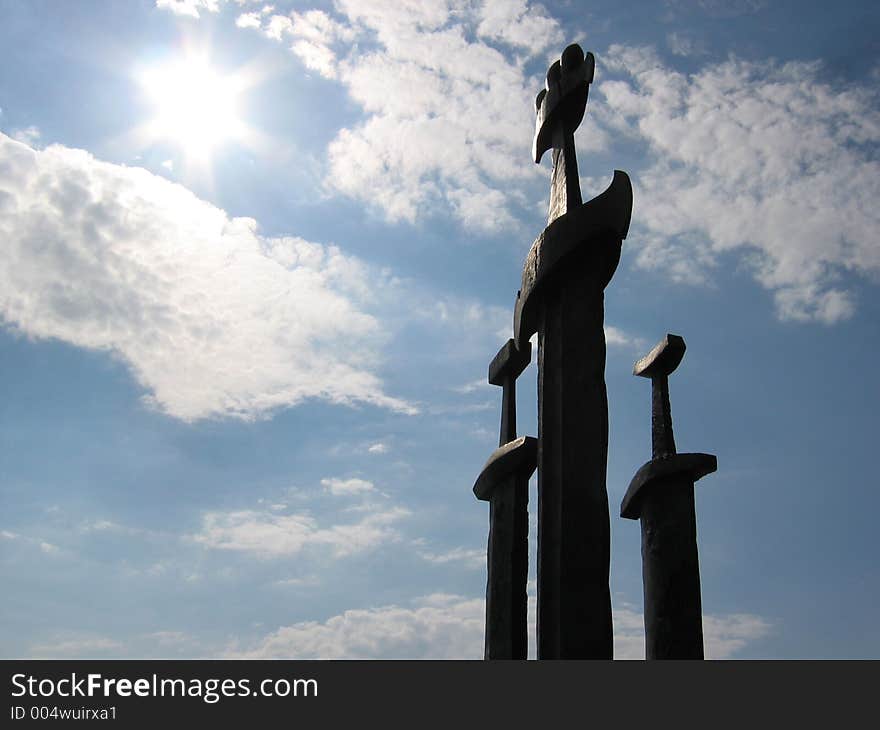 Three swords at Hafrsfjord in Norway, a monument for the vikings