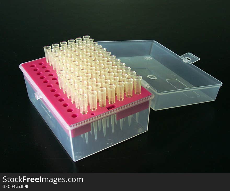 Laboratory tips in a box opened,horizontal