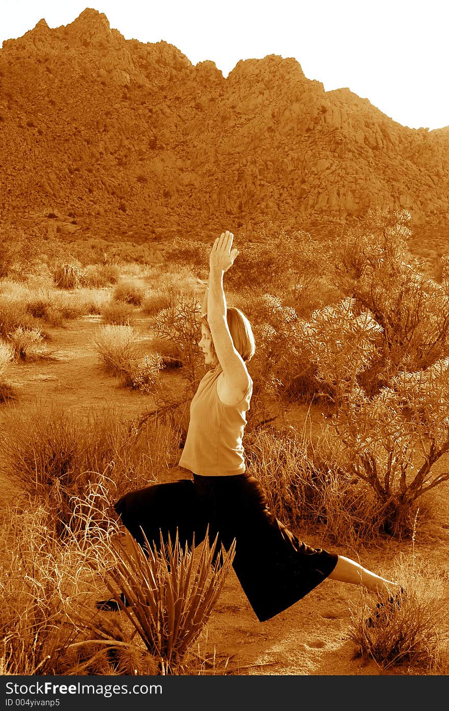 Toned black and white image of woman practicing yoga in the desert. Toned black and white image of woman practicing yoga in the desert.