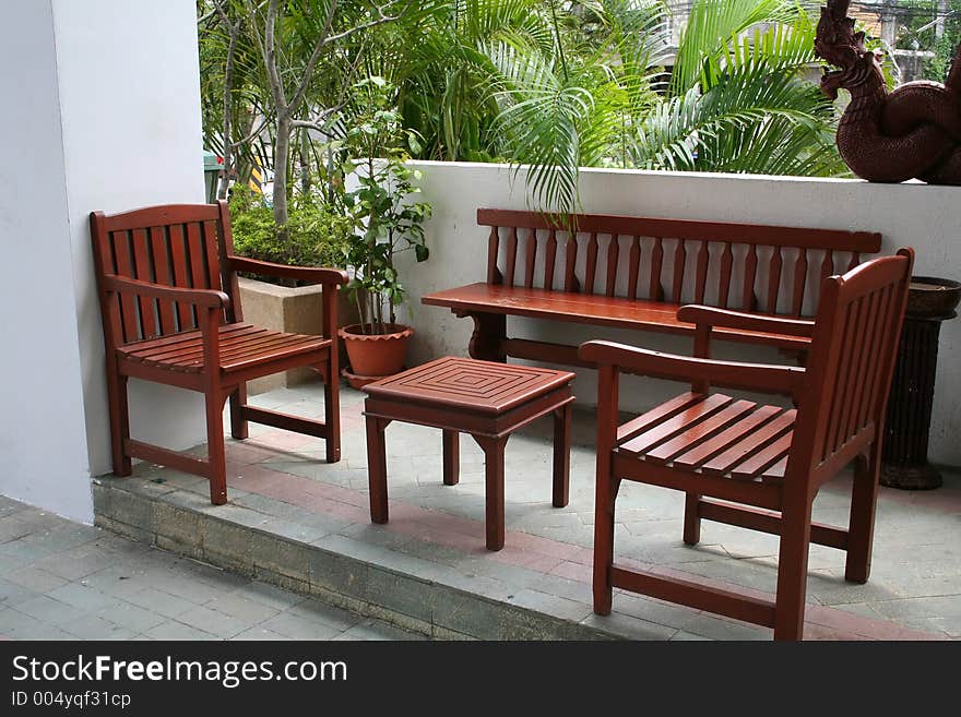 Waiting area, wth wooden funituer, traditional Thai