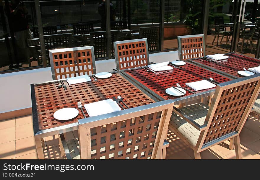 Outdoor dining, wooden table