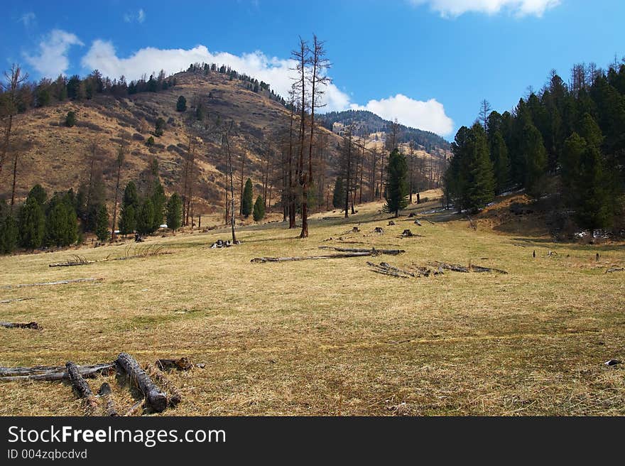 Mountainside and blue sky. Altay, Russia.