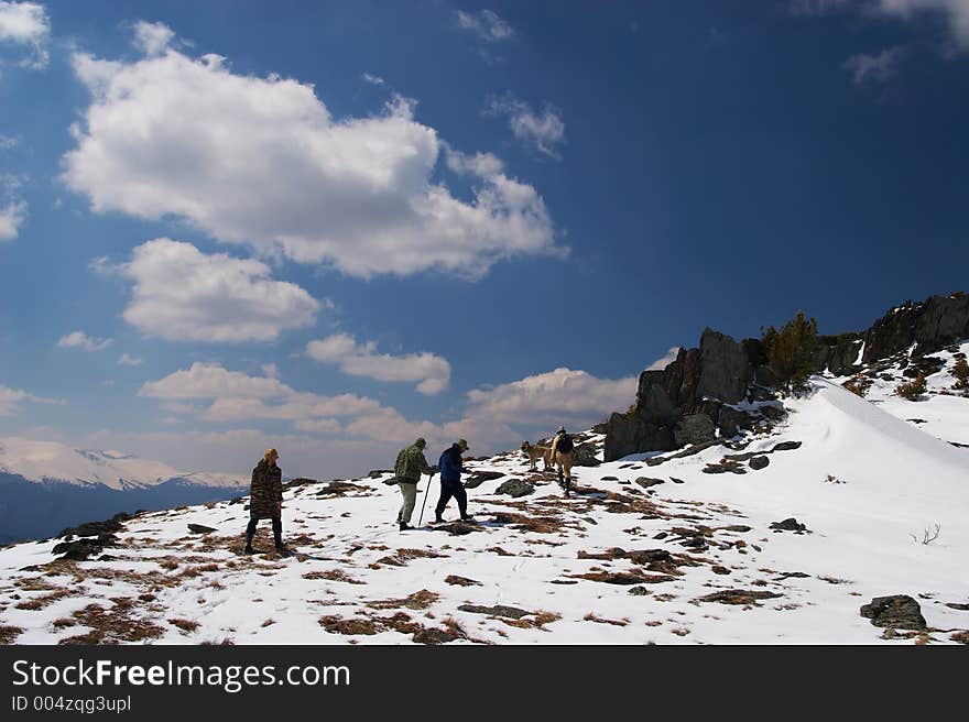 Climbers, Mountains And Blue Sky.