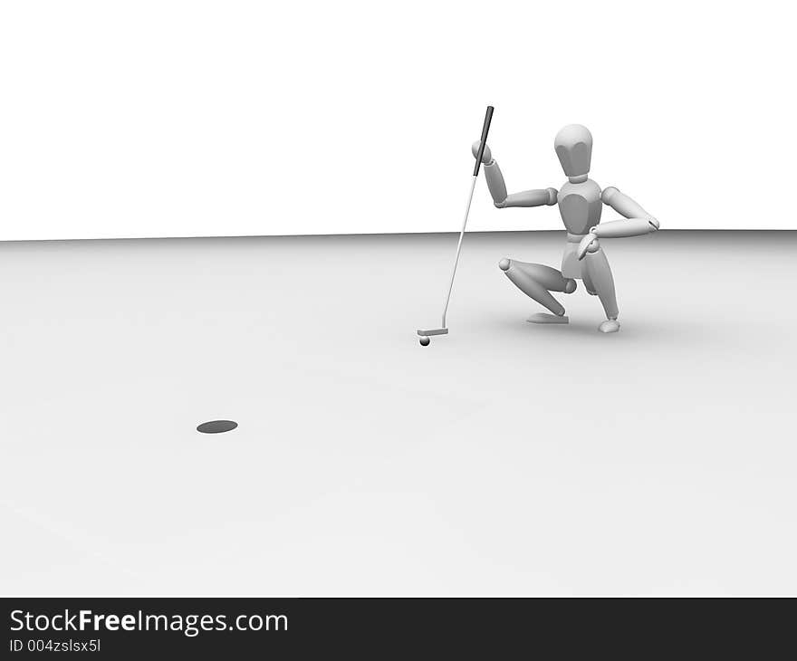 3D render of someone lining up their putt shot. 3D render of someone lining up their putt shot