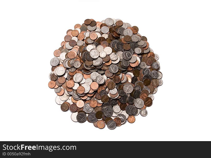 A big pile of American coins in a circle isolated on white. A big pile of American coins in a circle isolated on white.