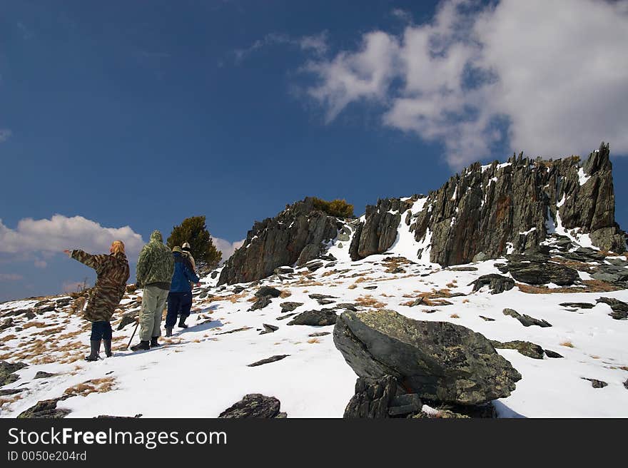 Climbers, Mountains And Blue Sky.