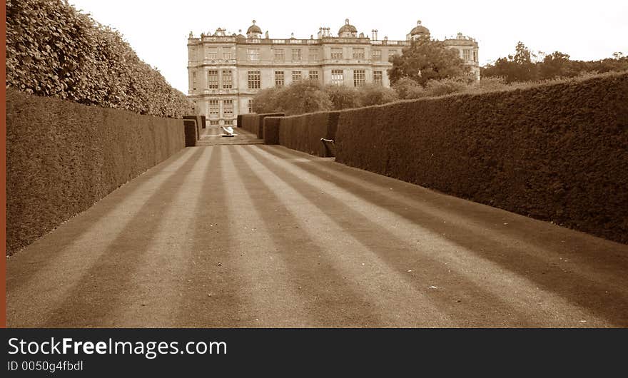 Long garden of the manor house at Longleat in Sepia